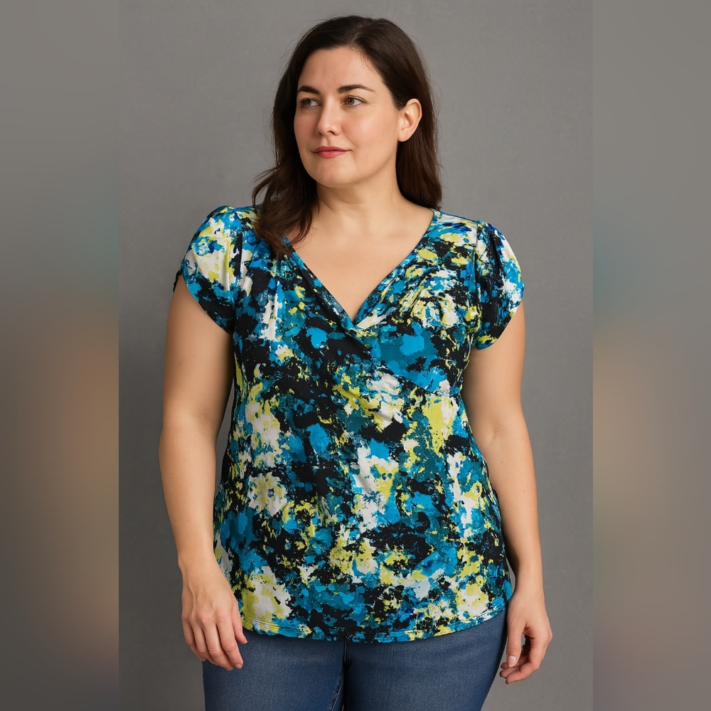 M4)  Saint Tropez West Floral Blouse Large | Blue Yellow White Short Sleeve Top